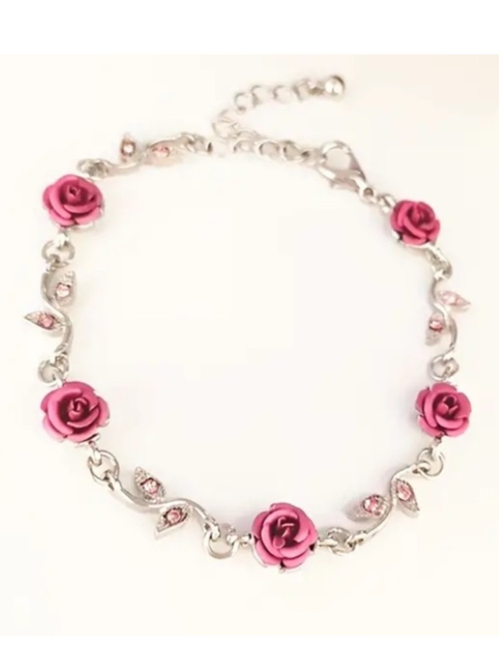 Pink Rose & Pink Crystal Silver Toned Bracelet